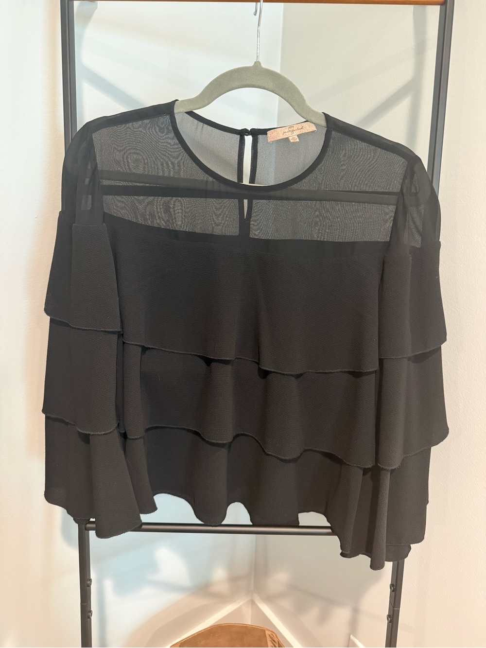 7 For All Mankind Black Tiered Ruffle Sheer Yoke Blouse